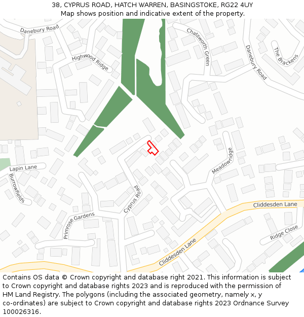 38, CYPRUS ROAD, HATCH WARREN, BASINGSTOKE, RG22 4UY: Location map and indicative extent of plot
