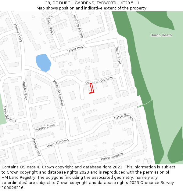 38, DE BURGH GARDENS, TADWORTH, KT20 5LH: Location map and indicative extent of plot