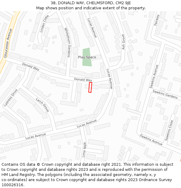 38, DONALD WAY, CHELMSFORD, CM2 9JE: Location map and indicative extent of plot