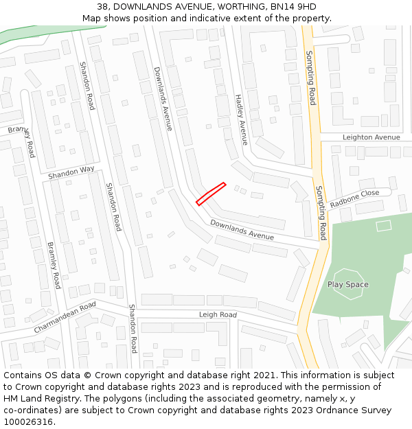 38, DOWNLANDS AVENUE, WORTHING, BN14 9HD: Location map and indicative extent of plot