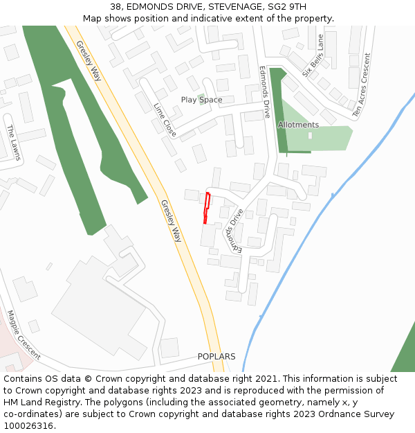 38, EDMONDS DRIVE, STEVENAGE, SG2 9TH: Location map and indicative extent of plot