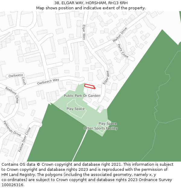 38, ELGAR WAY, HORSHAM, RH13 6RH: Location map and indicative extent of plot