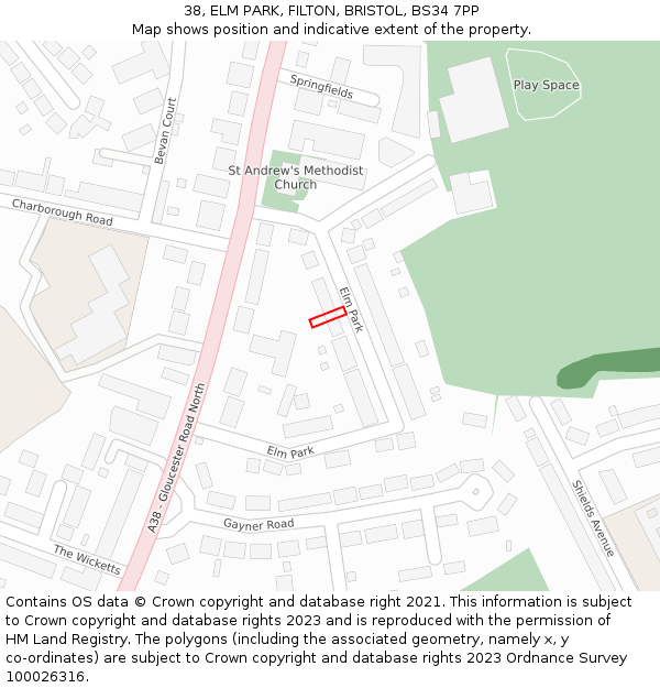 38, ELM PARK, FILTON, BRISTOL, BS34 7PP: Location map and indicative extent of plot