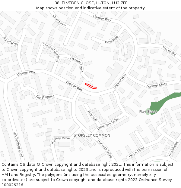 38, ELVEDEN CLOSE, LUTON, LU2 7FF: Location map and indicative extent of plot