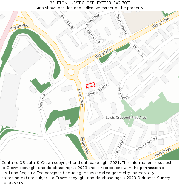 38, ETONHURST CLOSE, EXETER, EX2 7QZ: Location map and indicative extent of plot