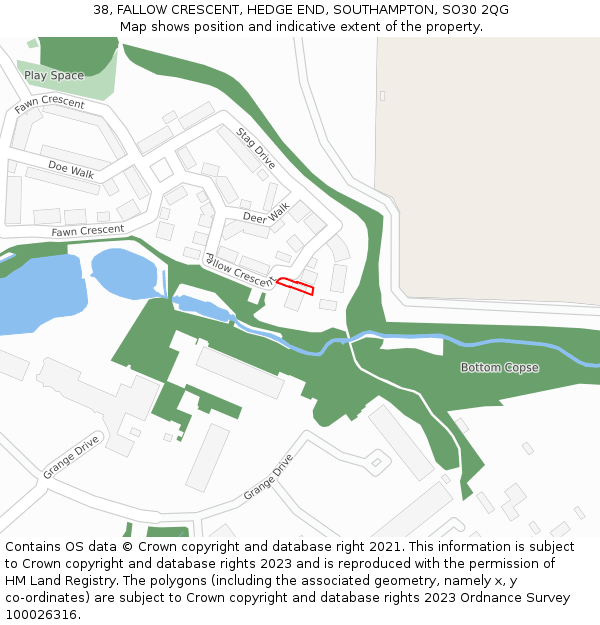 38, FALLOW CRESCENT, HEDGE END, SOUTHAMPTON, SO30 2QG: Location map and indicative extent of plot