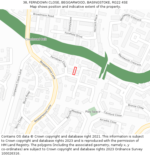 38, FERNDOWN CLOSE, BEGGARWOOD, BASINGSTOKE, RG22 4SE: Location map and indicative extent of plot