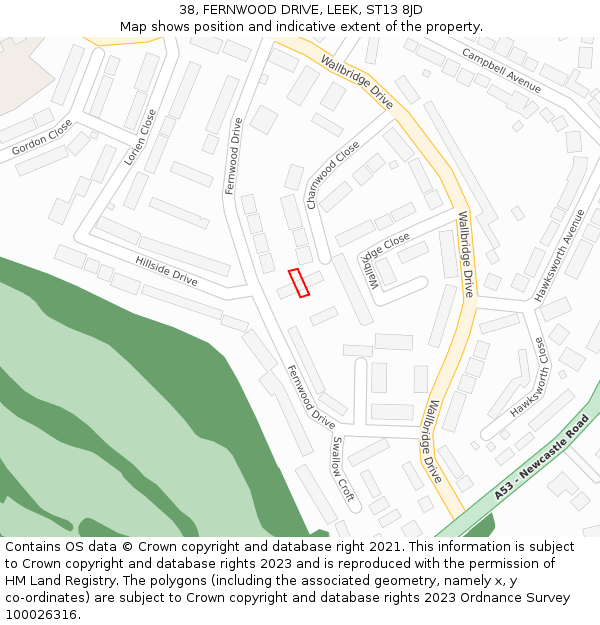 38, FERNWOOD DRIVE, LEEK, ST13 8JD: Location map and indicative extent of plot