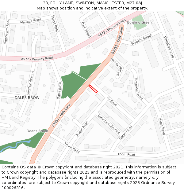 38, FOLLY LANE, SWINTON, MANCHESTER, M27 0AJ: Location map and indicative extent of plot