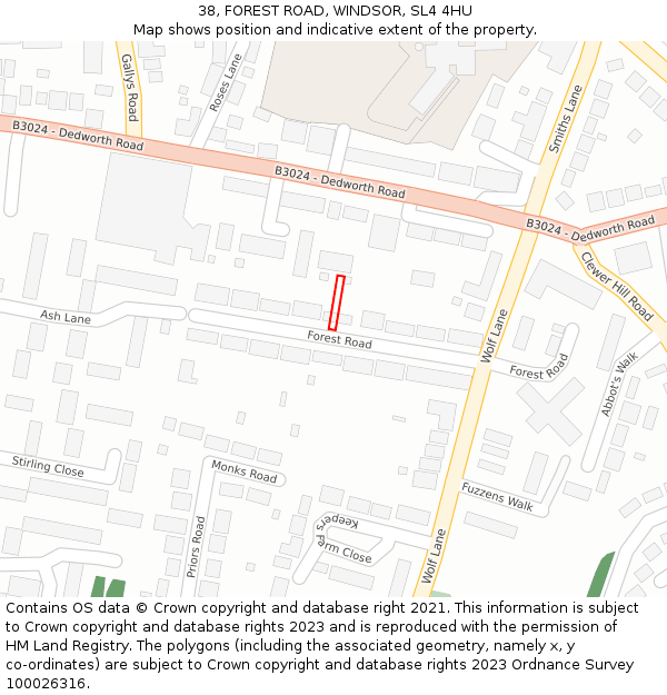 38, FOREST ROAD, WINDSOR, SL4 4HU: Location map and indicative extent of plot