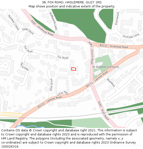 38, FOX ROAD, HASLEMERE, GU27 1RG: Location map and indicative extent of plot