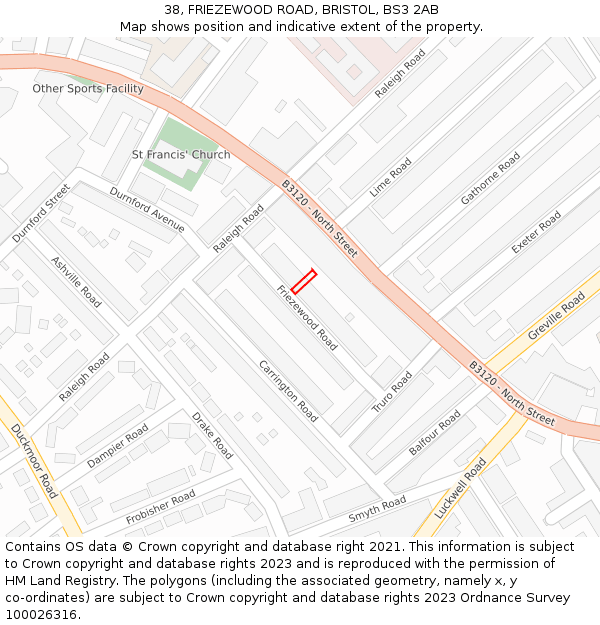 38, FRIEZEWOOD ROAD, BRISTOL, BS3 2AB: Location map and indicative extent of plot