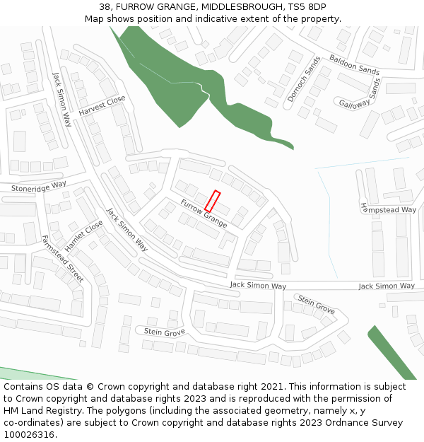 38, FURROW GRANGE, MIDDLESBROUGH, TS5 8DP: Location map and indicative extent of plot