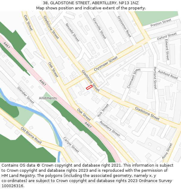 38, GLADSTONE STREET, ABERTILLERY, NP13 1NZ: Location map and indicative extent of plot