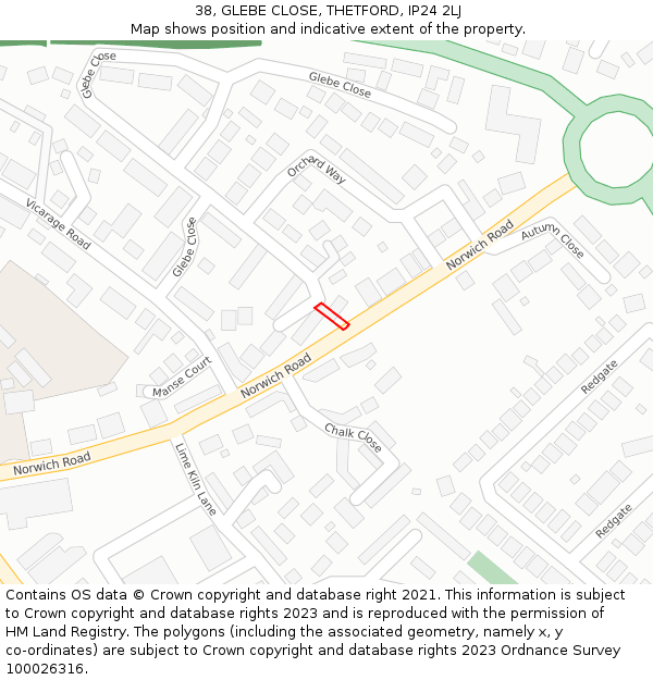 38, GLEBE CLOSE, THETFORD, IP24 2LJ: Location map and indicative extent of plot