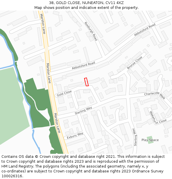 38, GOLD CLOSE, NUNEATON, CV11 4XZ: Location map and indicative extent of plot