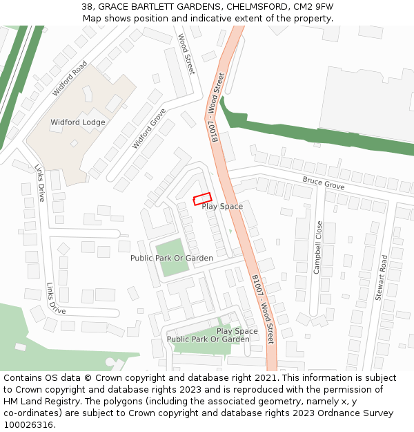 38, GRACE BARTLETT GARDENS, CHELMSFORD, CM2 9FW: Location map and indicative extent of plot