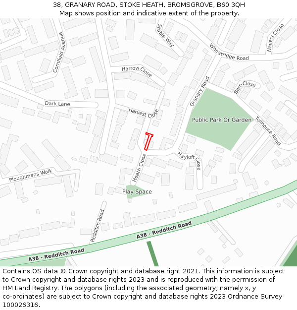38, GRANARY ROAD, STOKE HEATH, BROMSGROVE, B60 3QH: Location map and indicative extent of plot