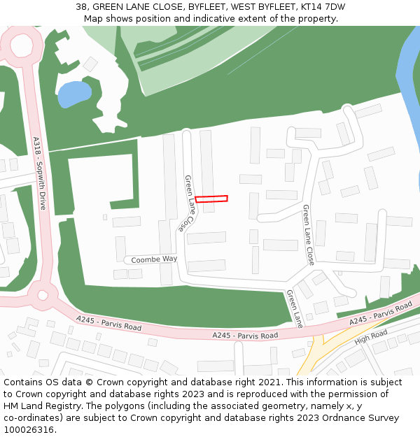 38, GREEN LANE CLOSE, BYFLEET, WEST BYFLEET, KT14 7DW: Location map and indicative extent of plot