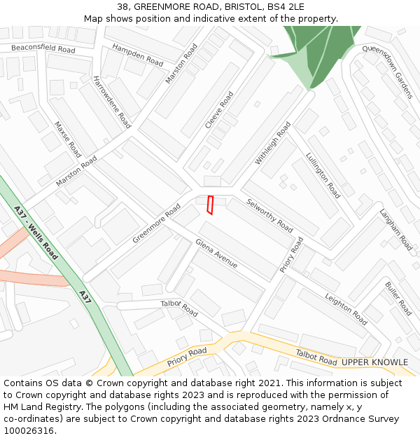 38, GREENMORE ROAD, BRISTOL, BS4 2LE: Location map and indicative extent of plot