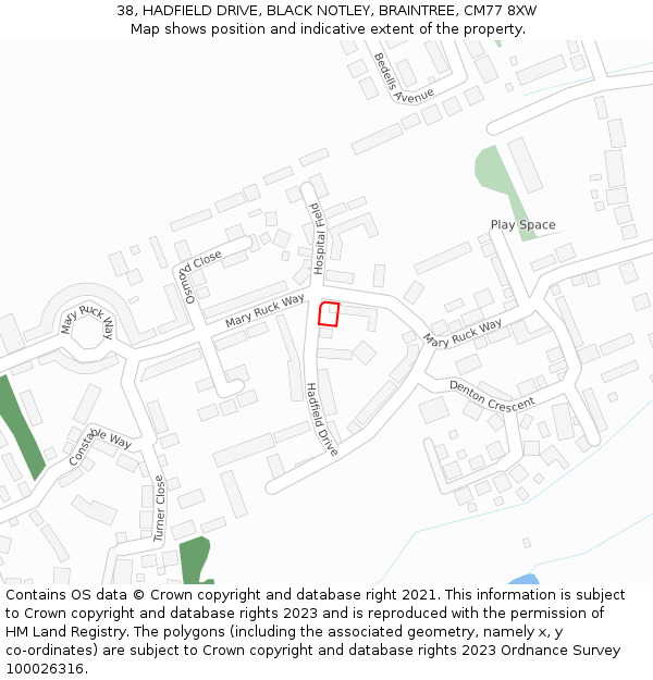 38, HADFIELD DRIVE, BLACK NOTLEY, BRAINTREE, CM77 8XW: Location map and indicative extent of plot