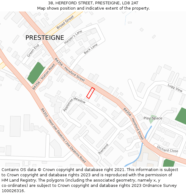 38, HEREFORD STREET, PRESTEIGNE, LD8 2AT: Location map and indicative extent of plot