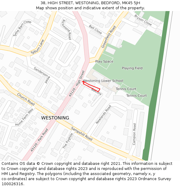 38, HIGH STREET, WESTONING, BEDFORD, MK45 5JH: Location map and indicative extent of plot