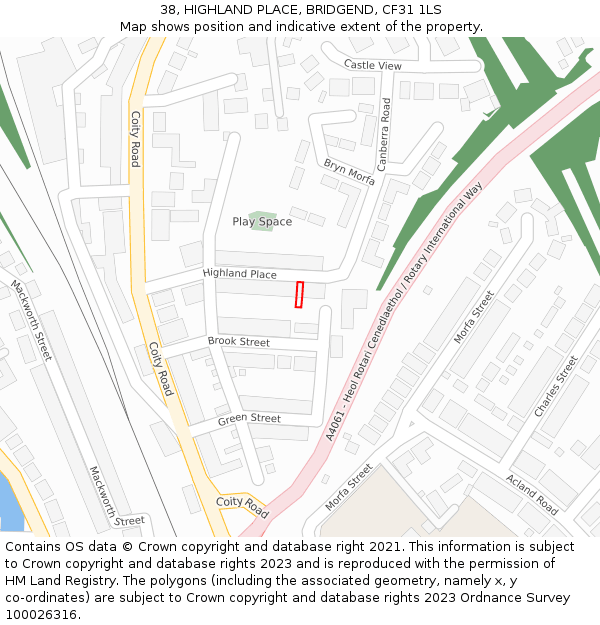 38, HIGHLAND PLACE, BRIDGEND, CF31 1LS: Location map and indicative extent of plot