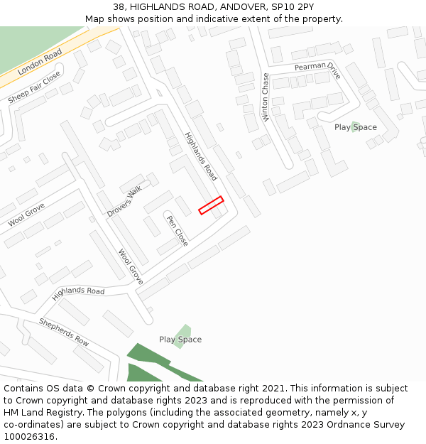 38, HIGHLANDS ROAD, ANDOVER, SP10 2PY: Location map and indicative extent of plot
