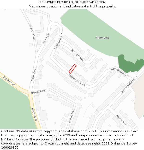 38, HOMEFIELD ROAD, BUSHEY, WD23 3FA: Location map and indicative extent of plot