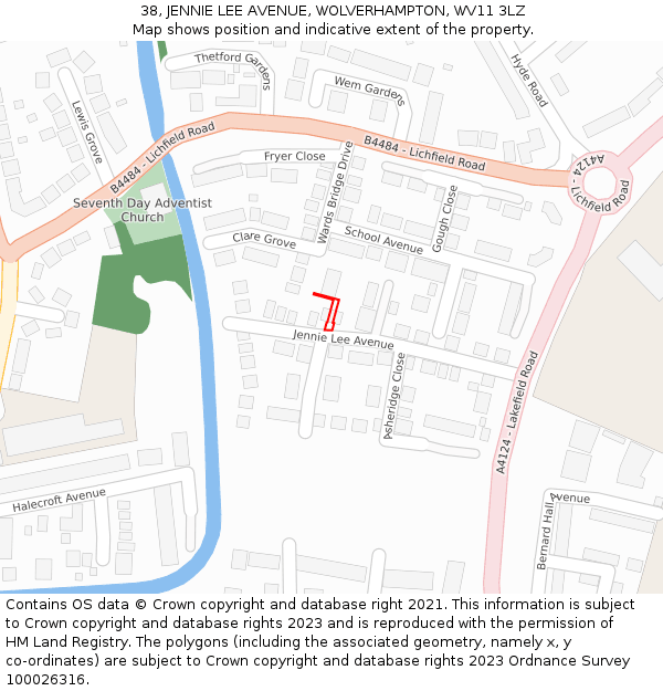 38, JENNIE LEE AVENUE, WOLVERHAMPTON, WV11 3LZ: Location map and indicative extent of plot