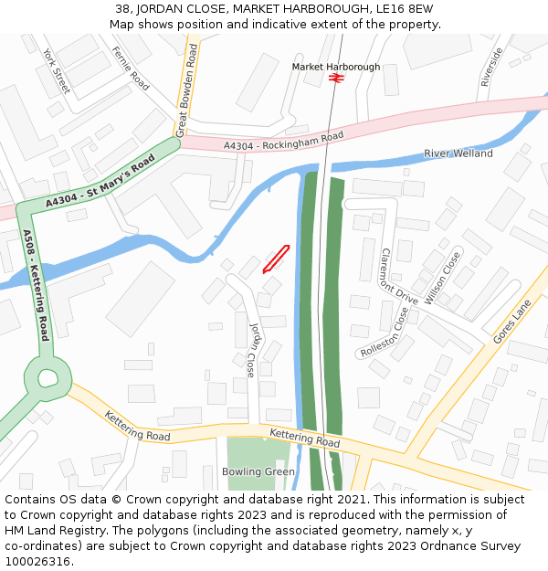38, JORDAN CLOSE, MARKET HARBOROUGH, LE16 8EW: Location map and indicative extent of plot