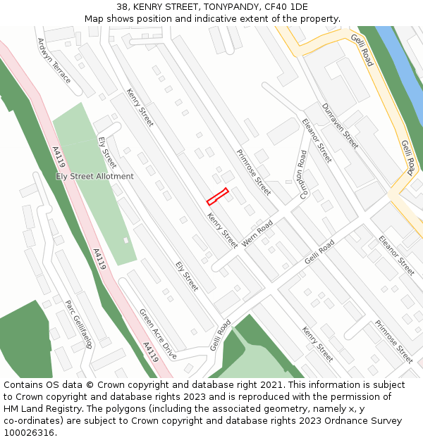38, KENRY STREET, TONYPANDY, CF40 1DE: Location map and indicative extent of plot