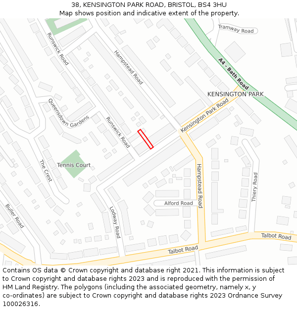 38, KENSINGTON PARK ROAD, BRISTOL, BS4 3HU: Location map and indicative extent of plot