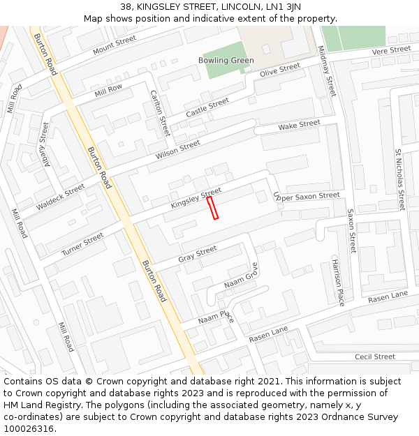 38, KINGSLEY STREET, LINCOLN, LN1 3JN: Location map and indicative extent of plot