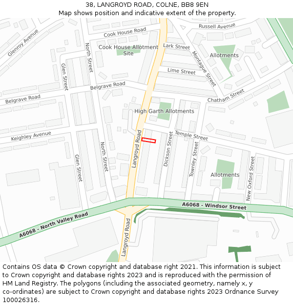 38, LANGROYD ROAD, COLNE, BB8 9EN: Location map and indicative extent of plot