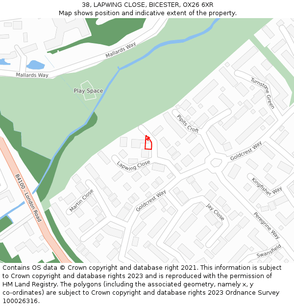 38, LAPWING CLOSE, BICESTER, OX26 6XR: Location map and indicative extent of plot