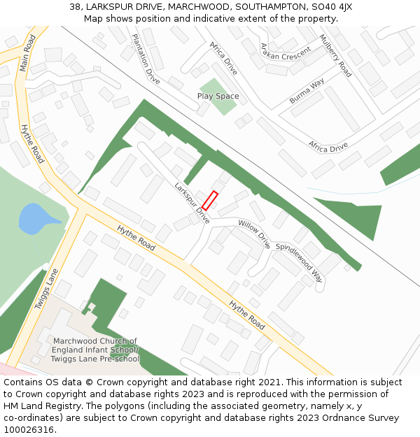 38, LARKSPUR DRIVE, MARCHWOOD, SOUTHAMPTON, SO40 4JX: Location map and indicative extent of plot