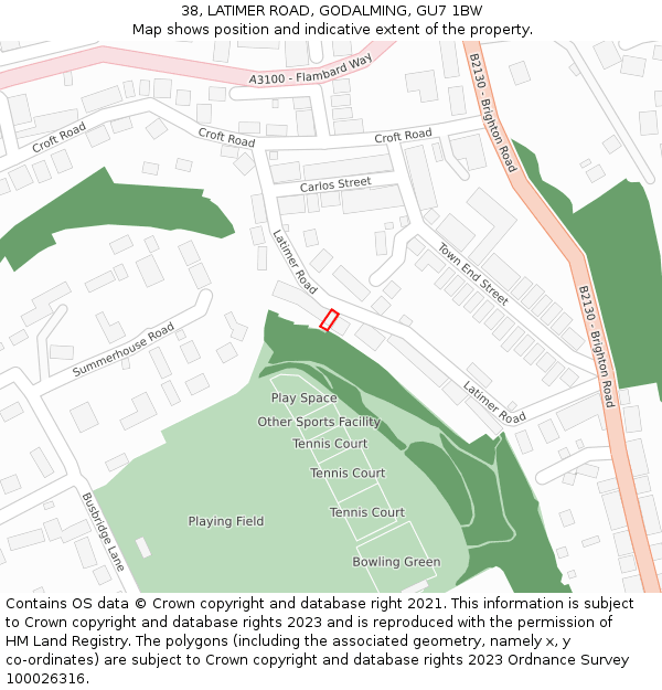 38, LATIMER ROAD, GODALMING, GU7 1BW: Location map and indicative extent of plot