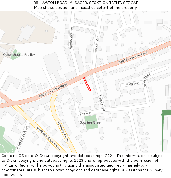 38, LAWTON ROAD, ALSAGER, STOKE-ON-TRENT, ST7 2AF: Location map and indicative extent of plot
