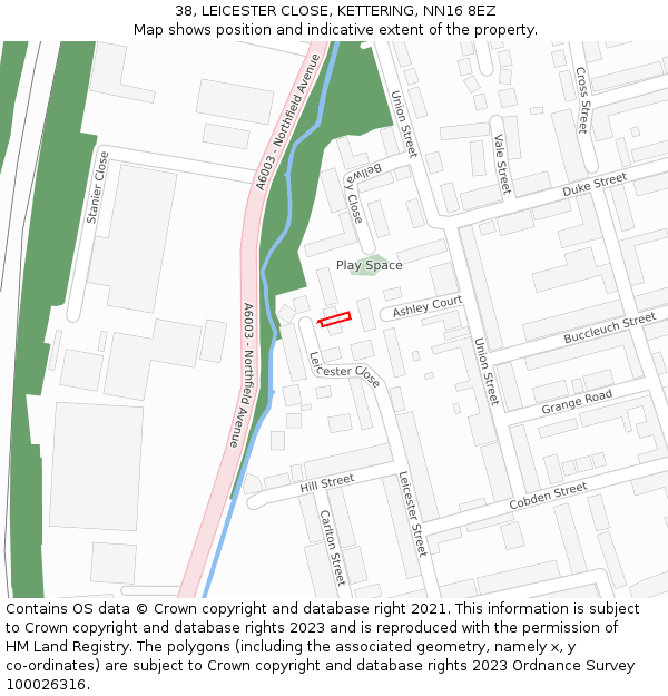 38, LEICESTER CLOSE, KETTERING, NN16 8EZ: Location map and indicative extent of plot