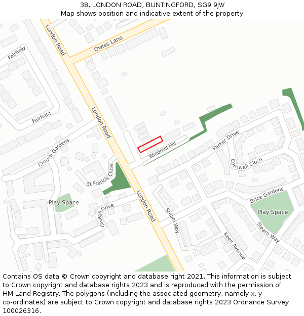 38, LONDON ROAD, BUNTINGFORD, SG9 9JW: Location map and indicative extent of plot