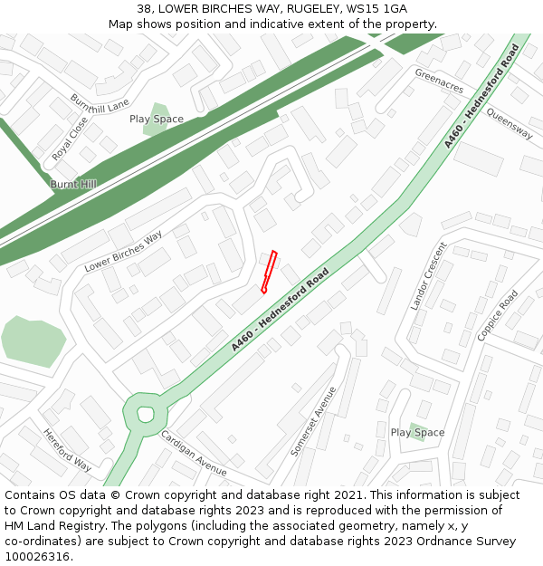 38, LOWER BIRCHES WAY, RUGELEY, WS15 1GA: Location map and indicative extent of plot
