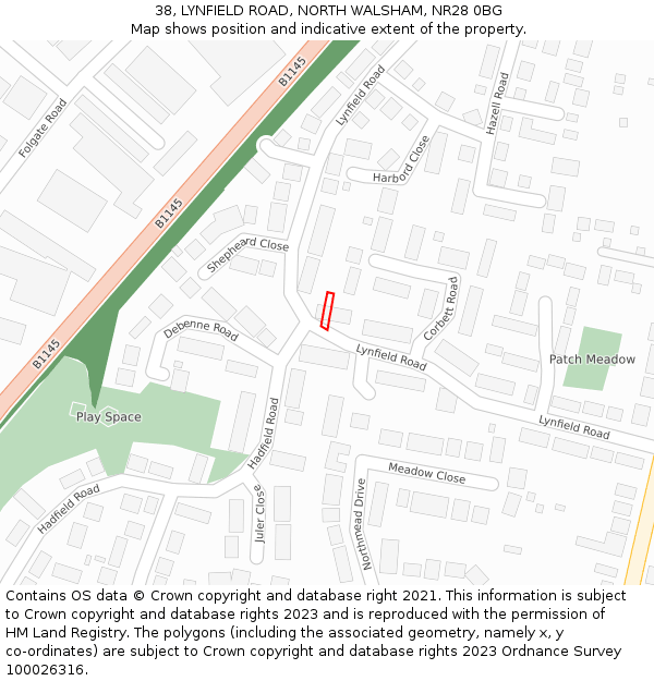 38, LYNFIELD ROAD, NORTH WALSHAM, NR28 0BG: Location map and indicative extent of plot