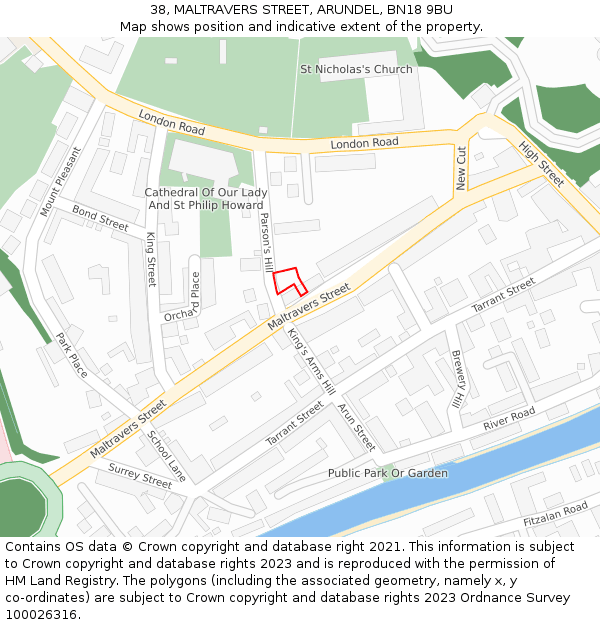 38, MALTRAVERS STREET, ARUNDEL, BN18 9BU: Location map and indicative extent of plot