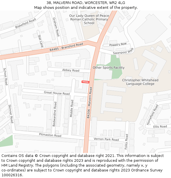 38, MALVERN ROAD, WORCESTER, WR2 4LG: Location map and indicative extent of plot