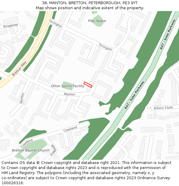 38, MANTON, BRETTON, PETERBOROUGH, PE3 9YT: Location map and indicative extent of plot