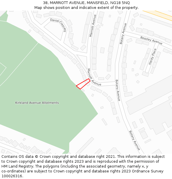 38, MARRIOTT AVENUE, MANSFIELD, NG18 5NQ: Location map and indicative extent of plot