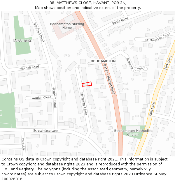 38, MATTHEWS CLOSE, HAVANT, PO9 3NJ: Location map and indicative extent of plot
