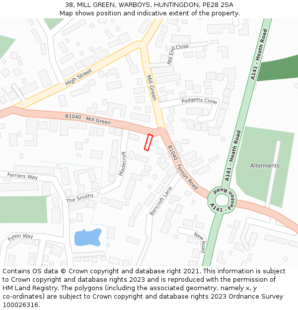 38, MILL GREEN, WARBOYS, HUNTINGDON, PE28 2SA: Location map and indicative extent of plot